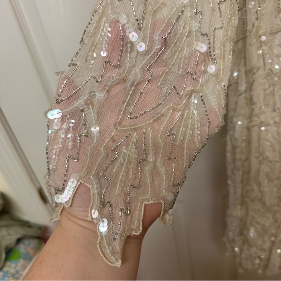Vintage Saint Honore Beige Silk Sequin Beaded Flapper Dress, Small - Picture 8 of 9